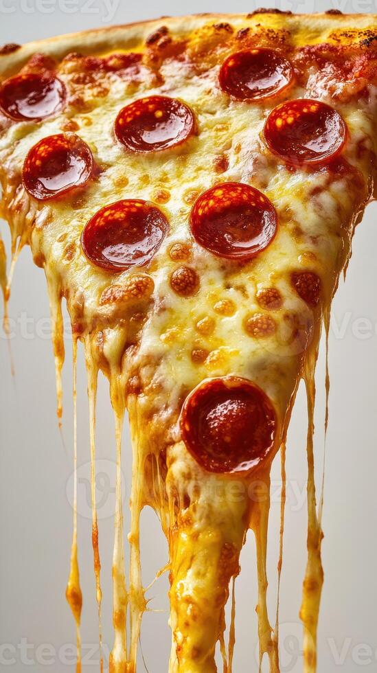 Delicious pepperoni pizza slice with melted cheese and dripping toppings during a casual dining experience photo