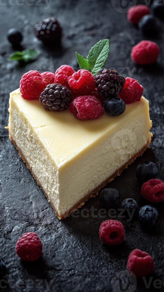 Delicious slice of cheesecake topped with fresh berries on a dark textured surface photo
