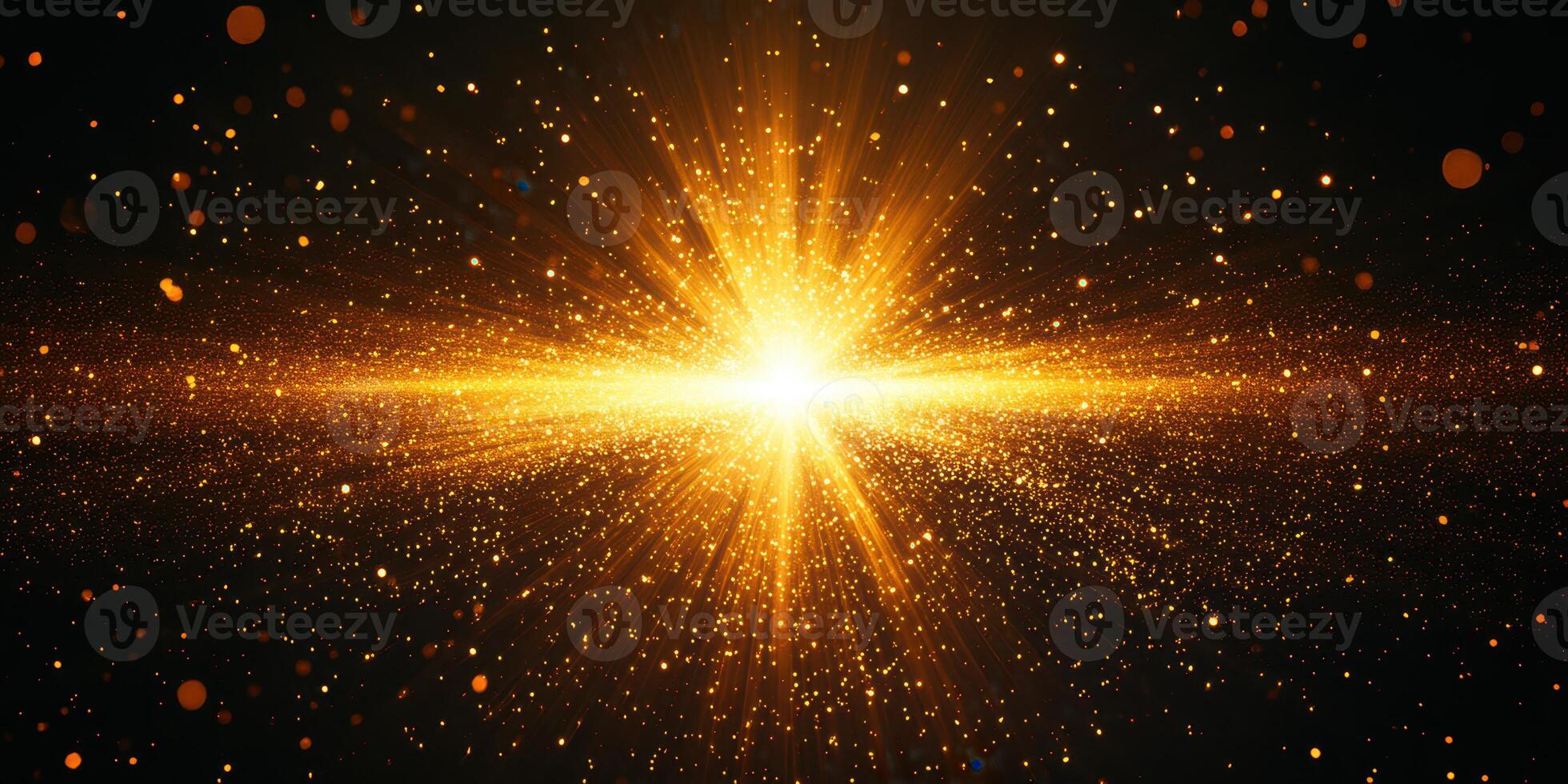 Bright explosion of golden light with shimmering particles showcasing dynamic energy in a cosmic atmosphere photo