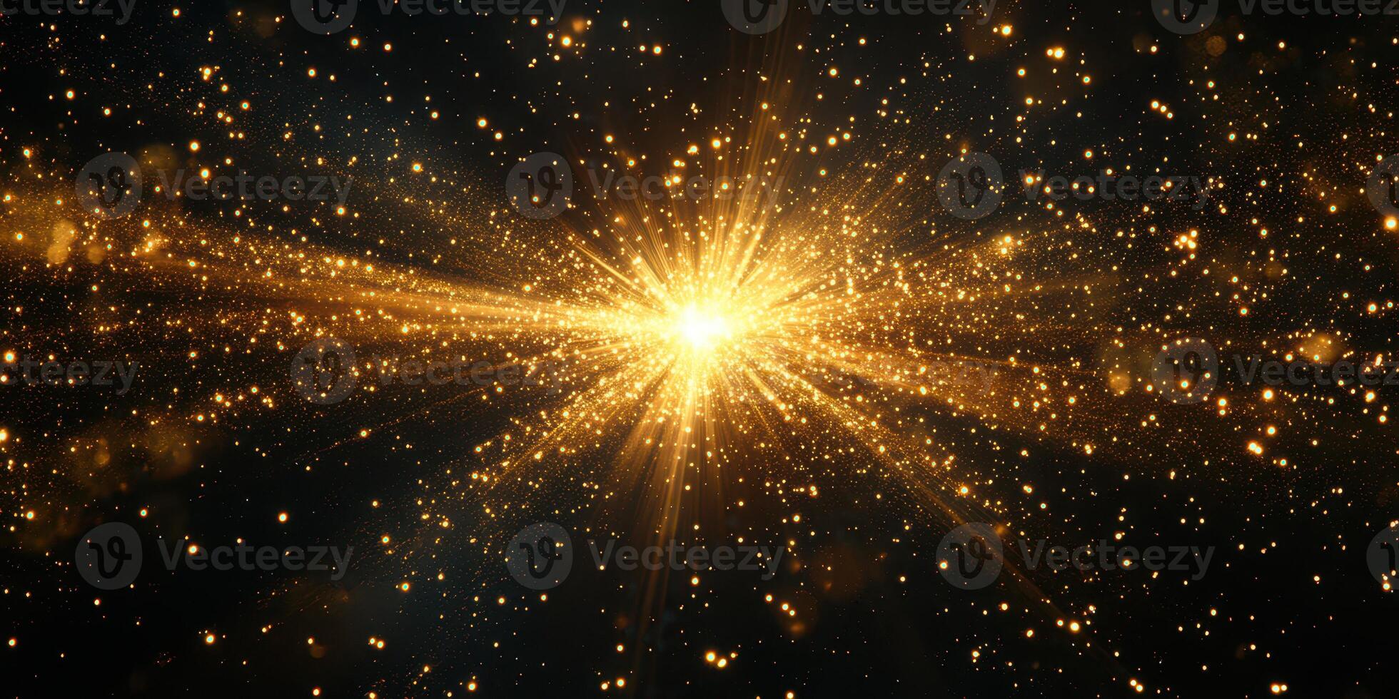 Brilliant explosion of golden light illuminating the dark night sky with sparkling particles photo