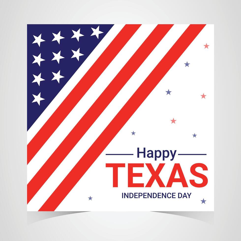 texas independence day greeting card with american flag stripes, white background, red and blue patriotic theme, national holiday celebration design vector