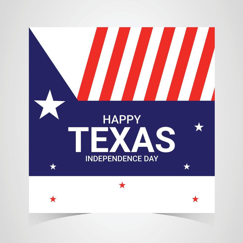 texas independence day greeting card with diagonal red and white stripes, blue background, white star, patriotic american flag theme vector