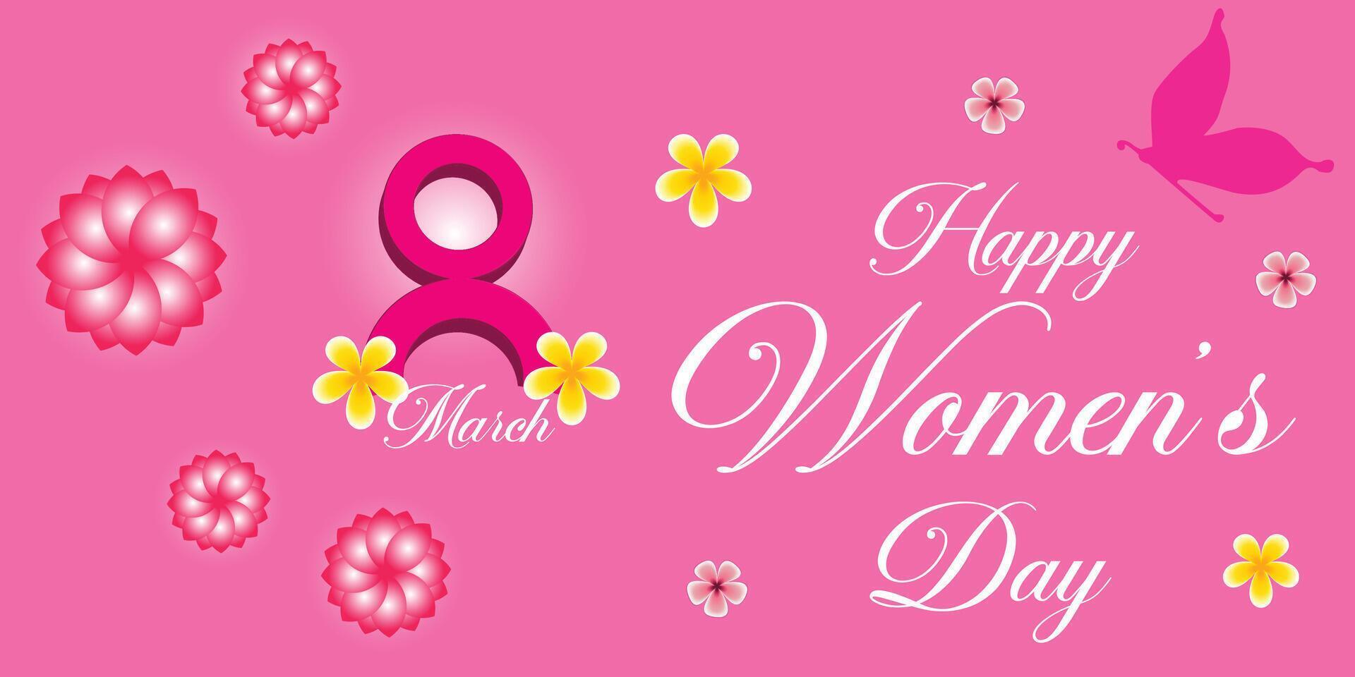 women's day banner with pink background, number 8, floral elements, butterflies, elegant feminine design for international march 8 event vector