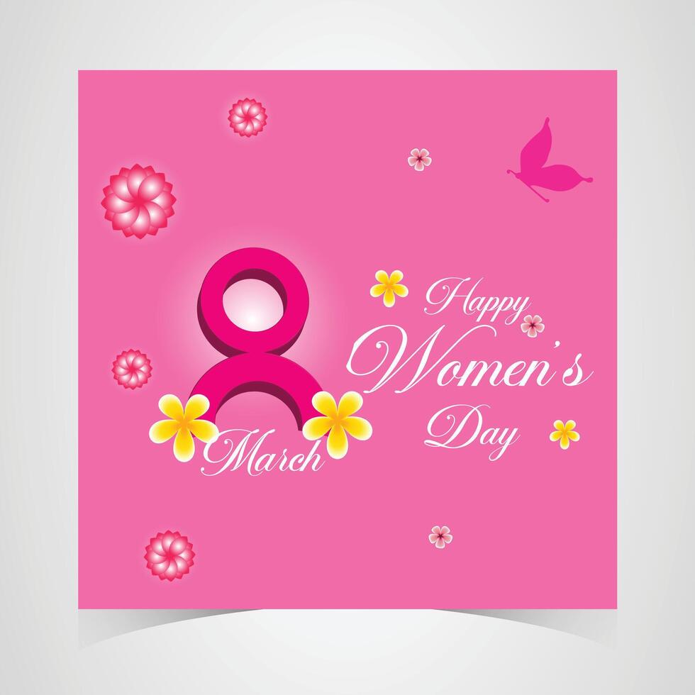 happy women's day greeting card with pink background, number 8, floral elements, butterflies, elegant feminine theme for march 8 event vector