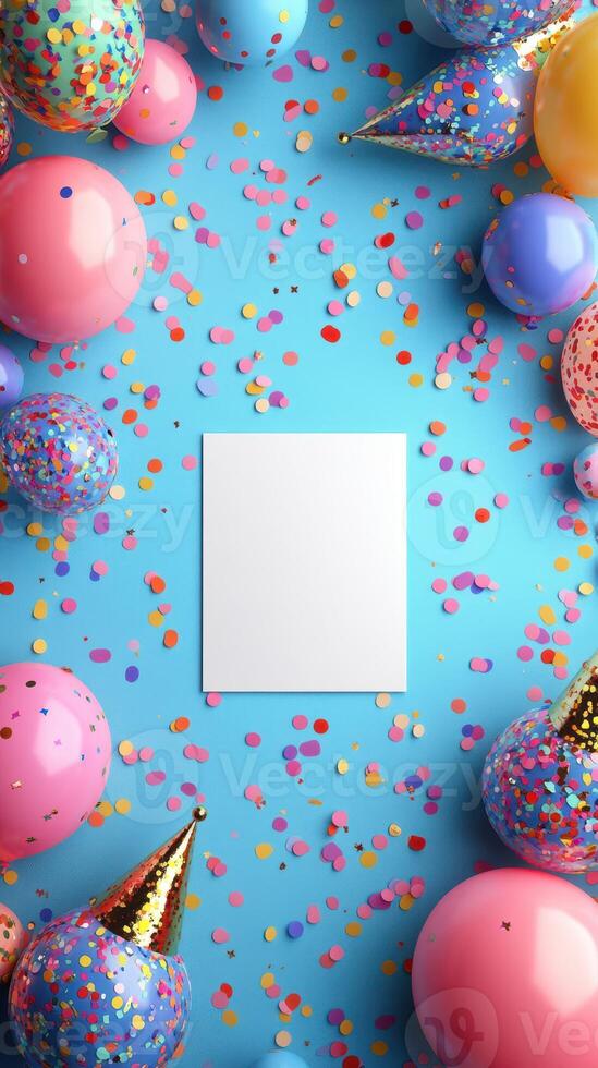 Bright and festive celebration setup featuring colorful balloons and confetti on a blue background photo