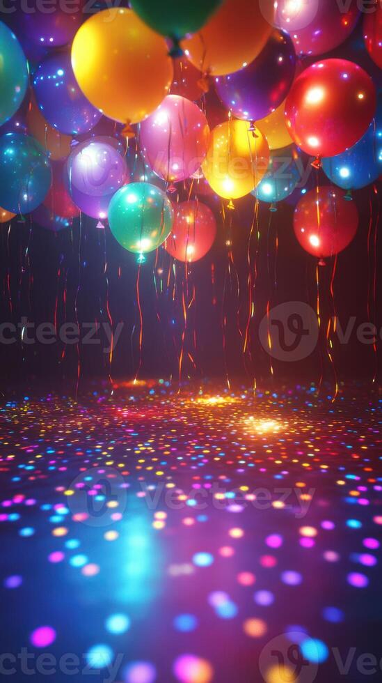 Colorful balloons and vibrant lights create a festive atmosphere for a celebration in an indoor setting photo
