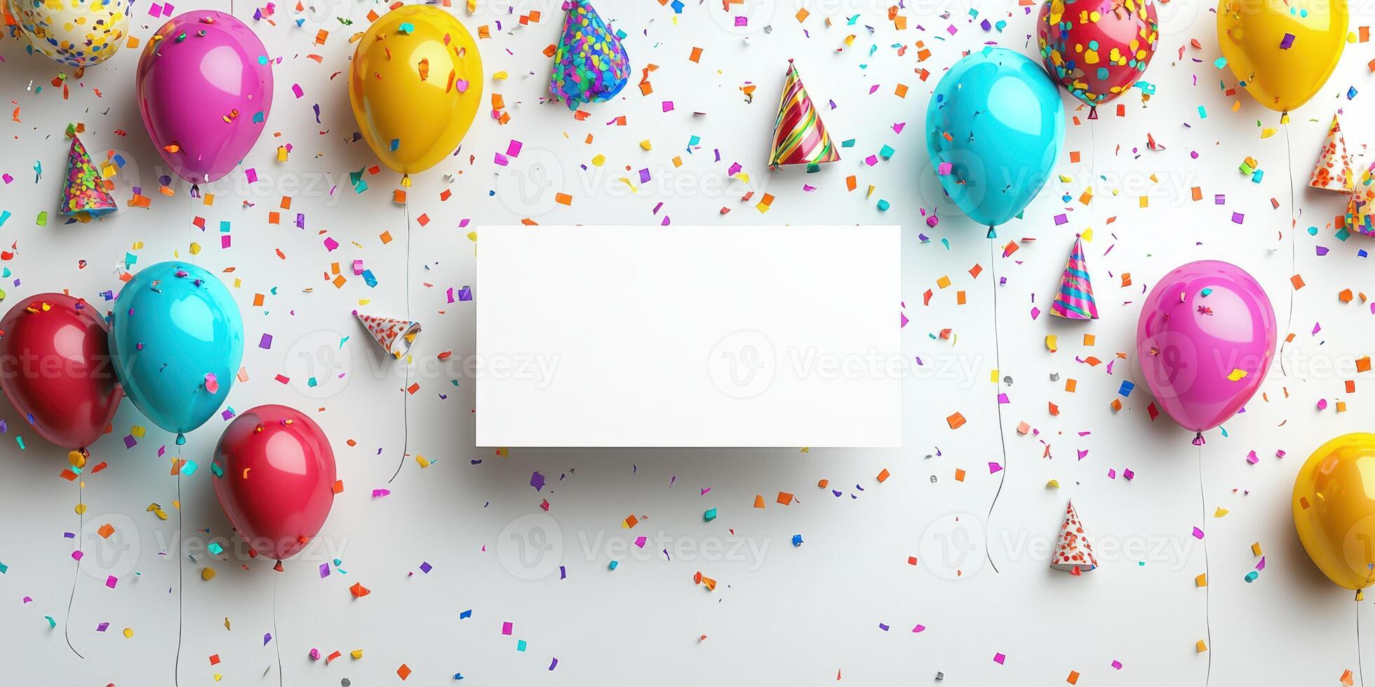 Colorful balloons and confetti surround a blank space for celebration messages at a festive party setting photo