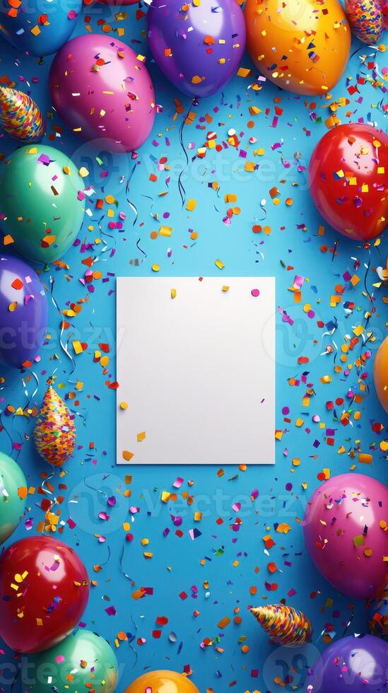 Colorful party decorations with balloons and confetti on a bright blue background for celebration or event invitation design photo
