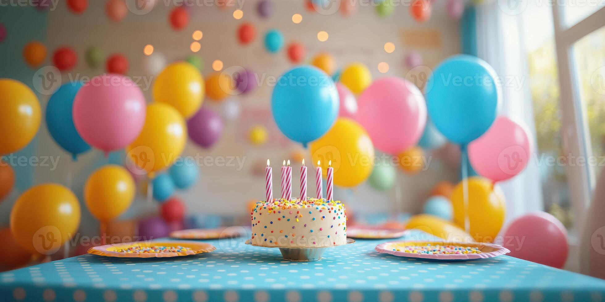 Festive birthday party with colorful balloons and a decorated cake in a cheerful indoor setting photo