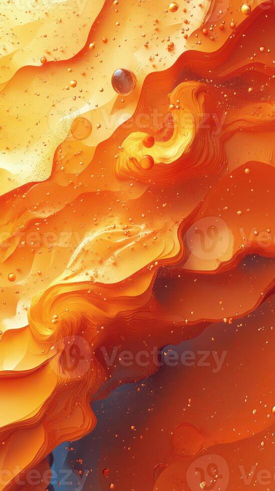 Abstract artwork featuring vibrant orange and yellow tones with fluid patterns and shimmering elements photo