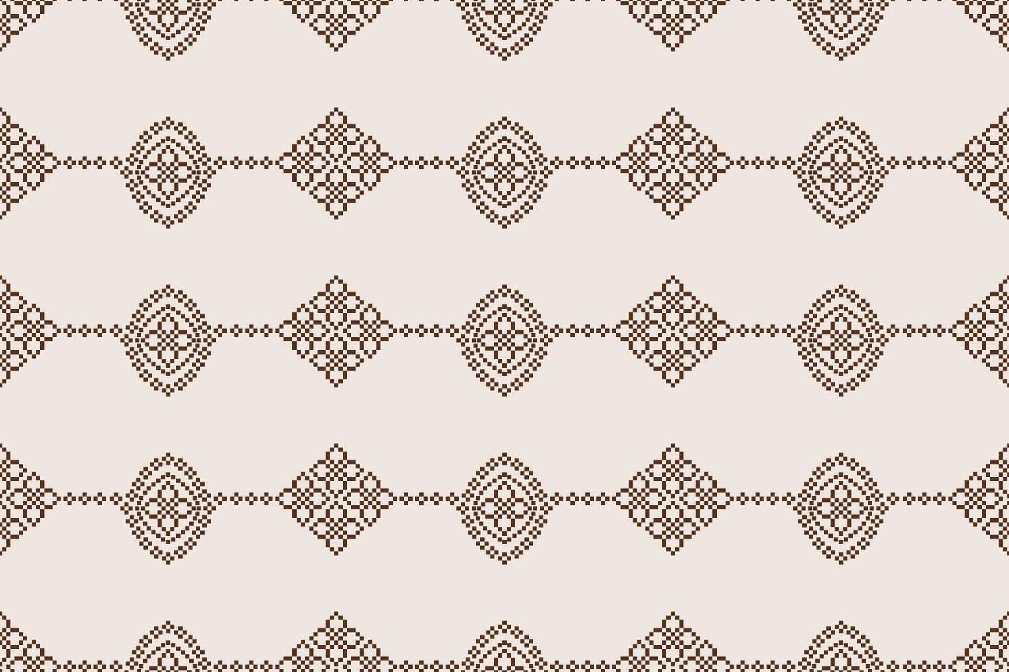 Cross stitch ethnic pattern fabric design brown cream color background motif decoration. vector
