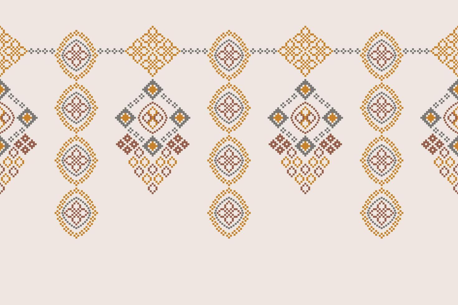 Pixel art with ethnic pattern fabric design brown cream color background motif. vector