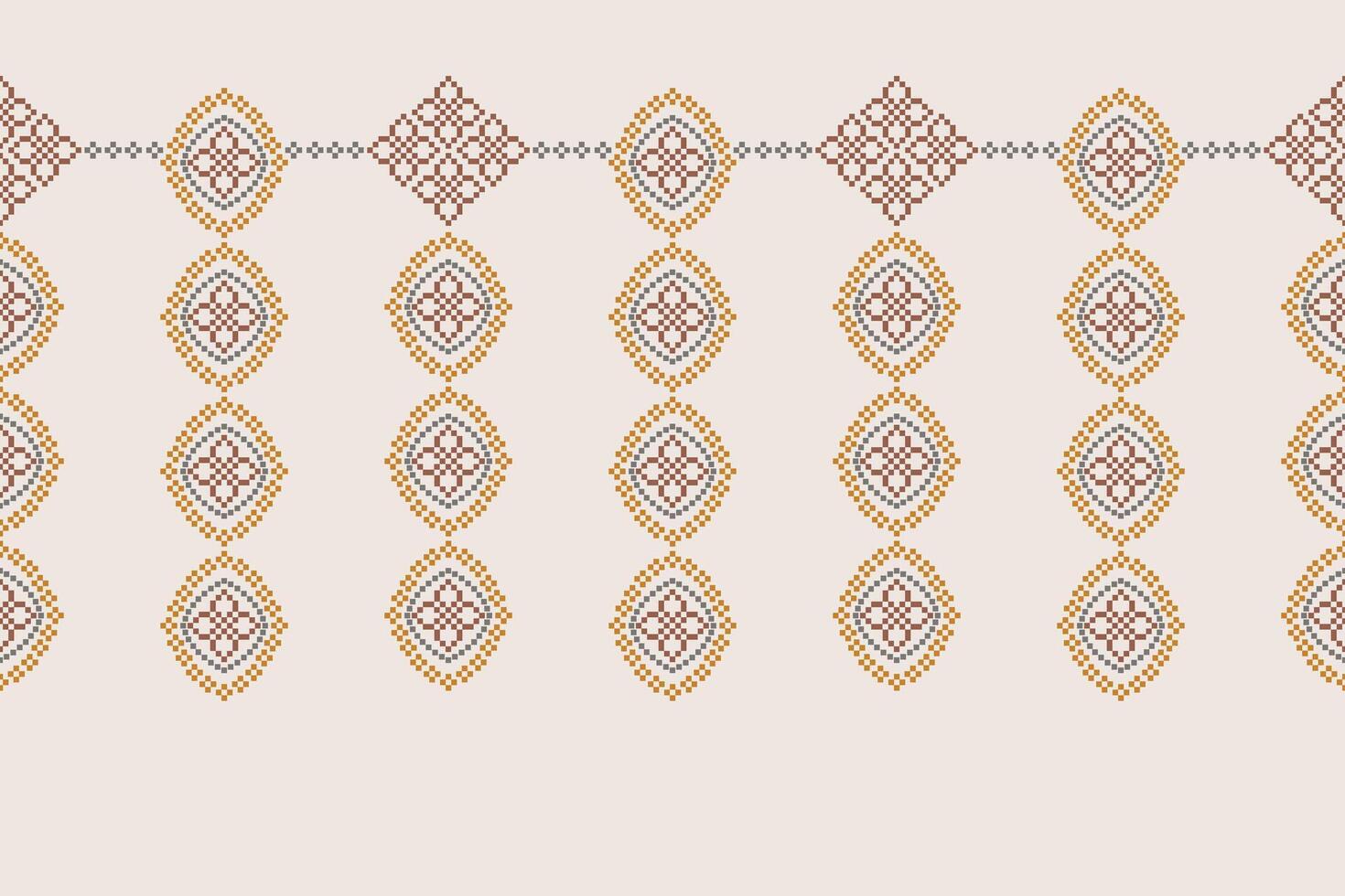 Ethnic pattern fabric design brown cream color background motif cross stitch. vector