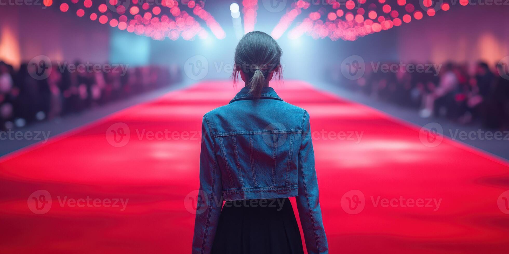 Fashion event features a young woman walking towards a dazzling runway illuminated by vibrant lights photo