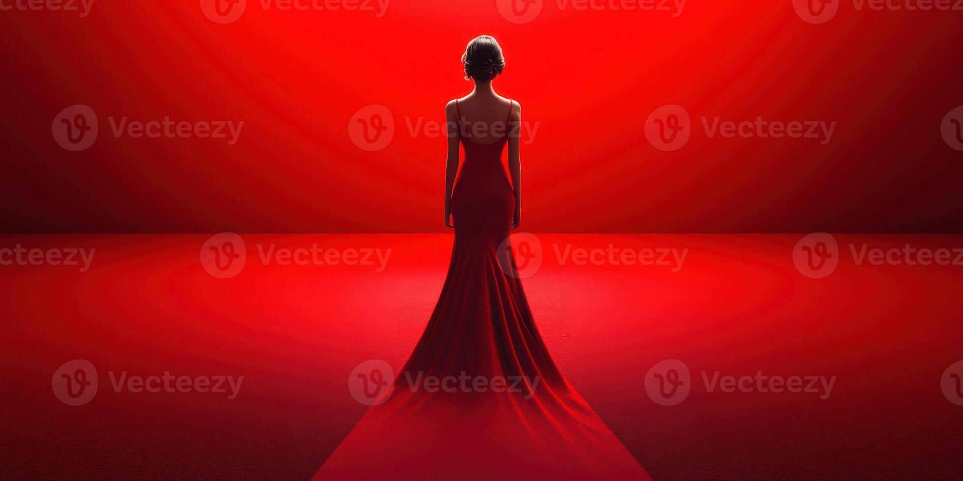 Elegant woman in red gown standing against vibrant red backdrop for dramatic effect at evening event photo