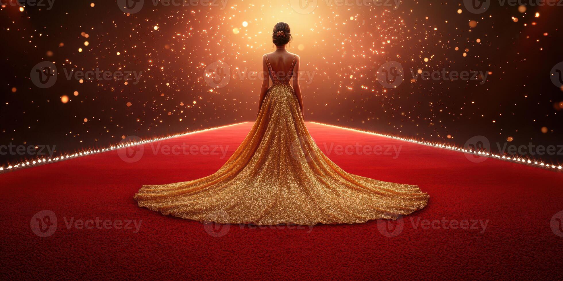 Elegant woman in a golden gown on a red carpet during an evening event with bright lights and sparkles photo