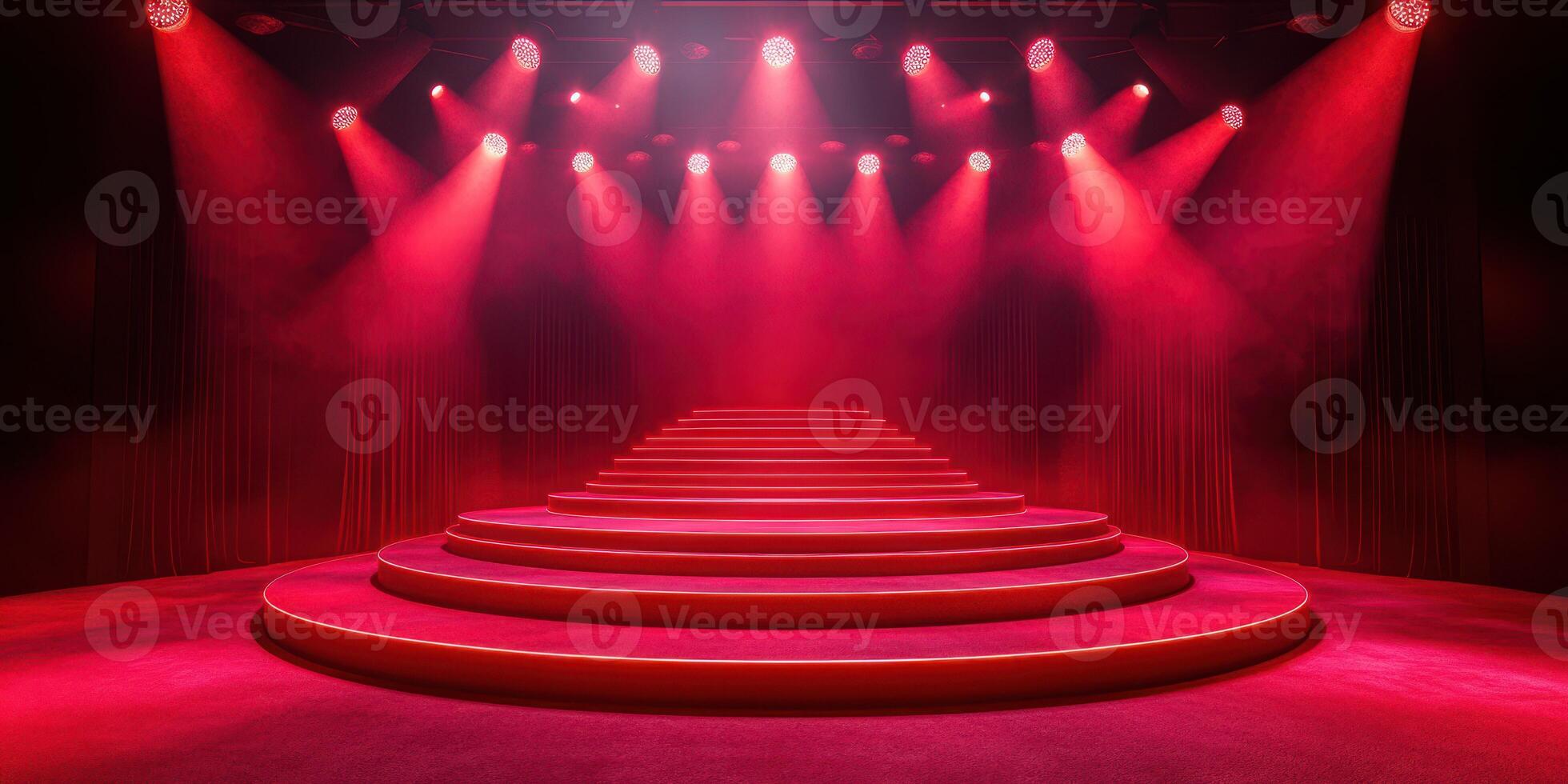 Stage with illuminated red lights and steps for a performance in a theater setting photo