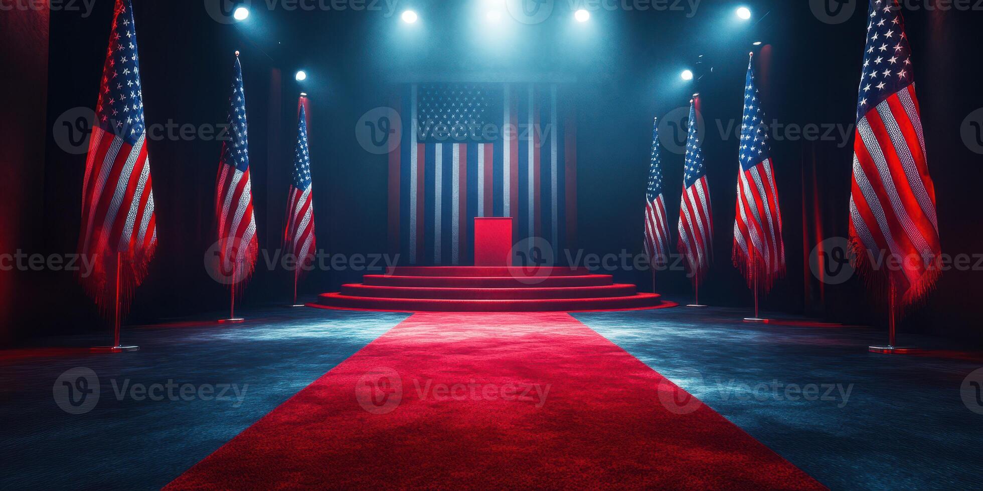 Red carpet setting with American flags in preparation for a political event photo