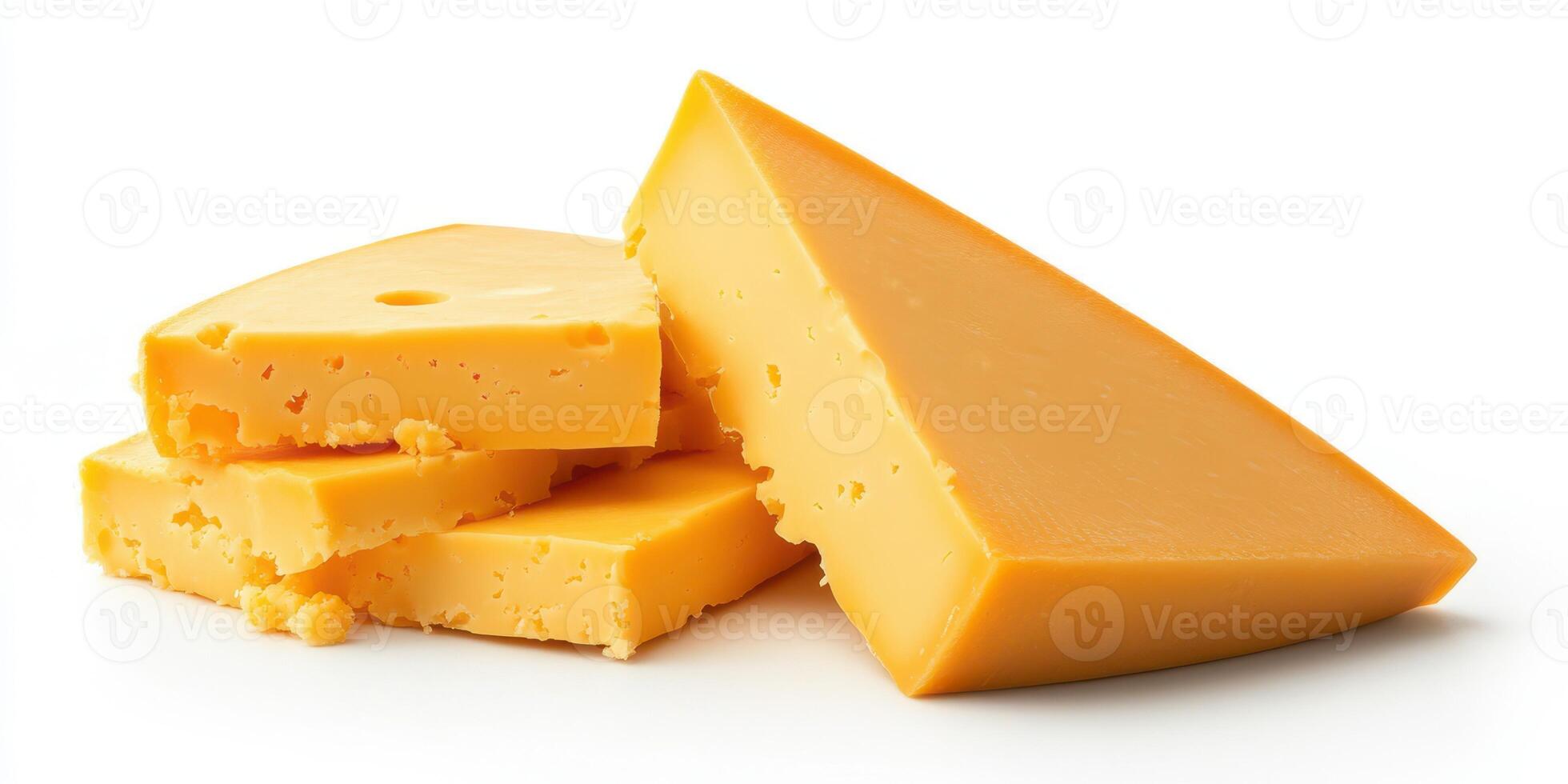 Cheddar cheese blocks and pieces arranged on a white background for culinary use and presentation in various dishes and recipes photo