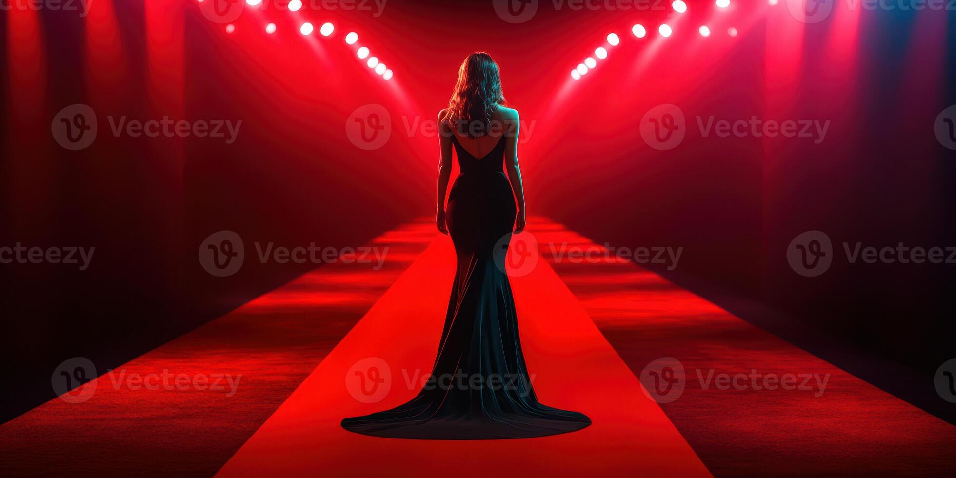 Elegant figure walks the runway under vibrant red lights during a fashion show in an upscale venue in the evening photo