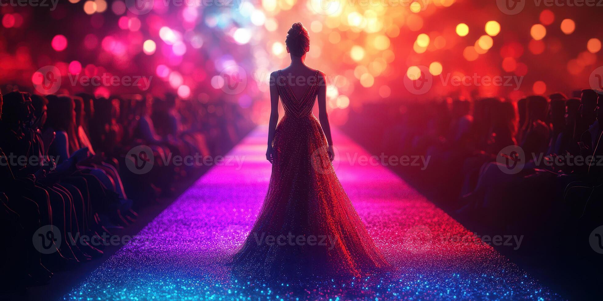 Fashion model walks down a colorful runway during a vibrant fashion show in an urban setting at night photo