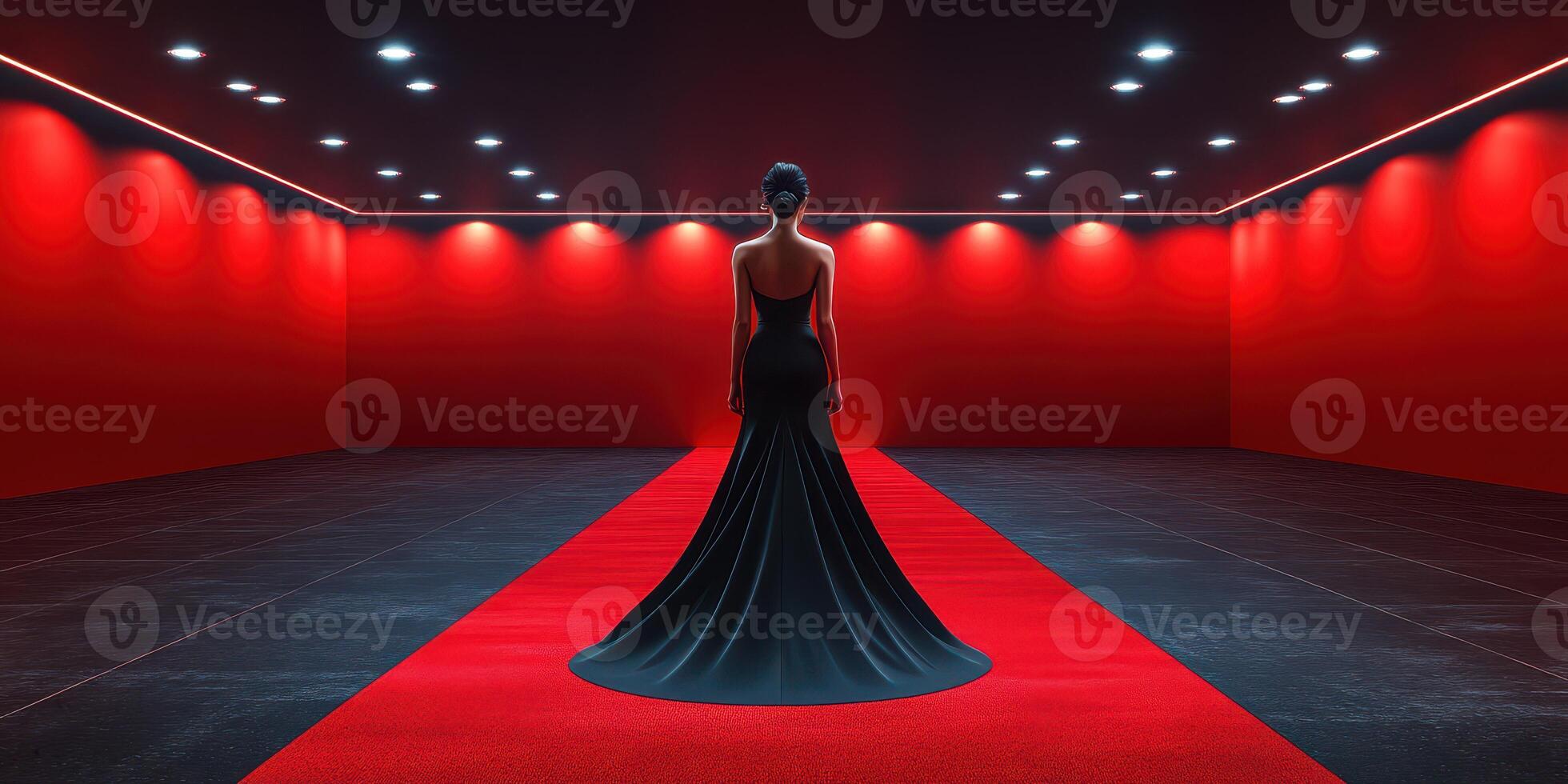 Elegant woman in black gown stands in spotlight on red carpet in minimalist gallery setting with striking red walls and dramatic lighting photo