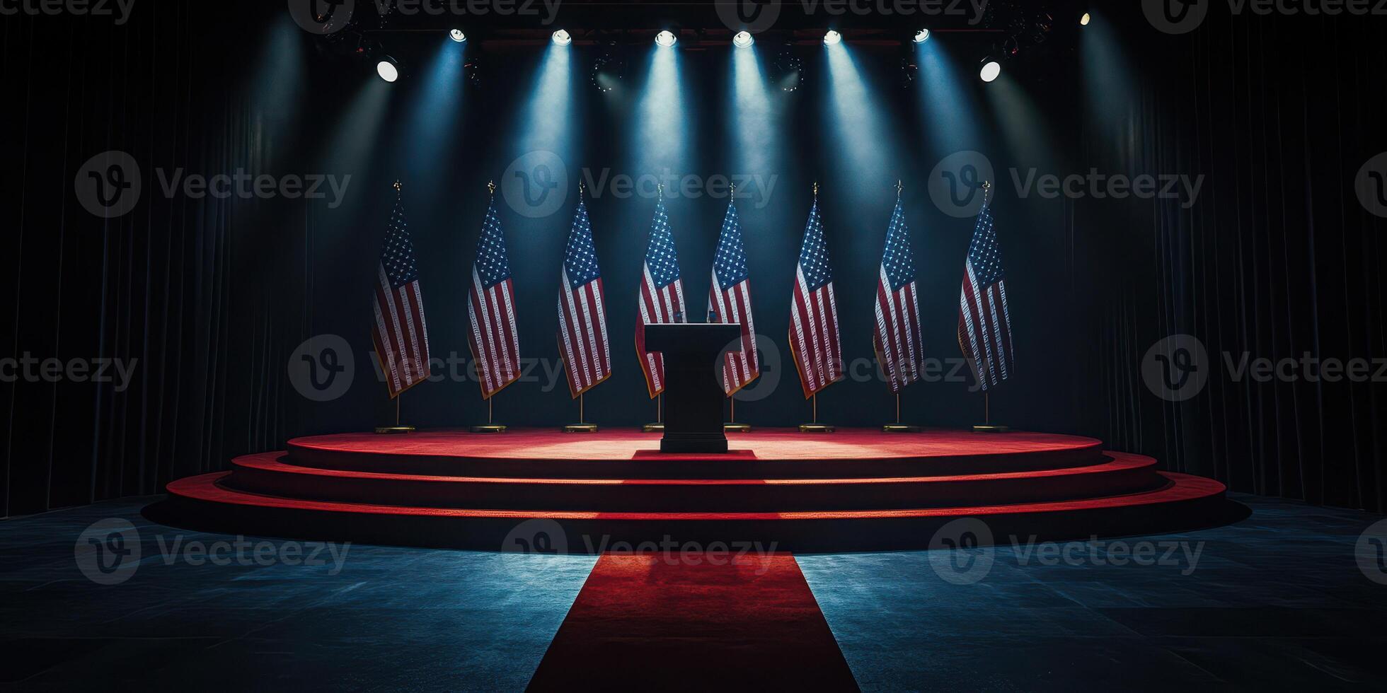 Dramatic stage setup with American flags and podium at night before a significant political event photo