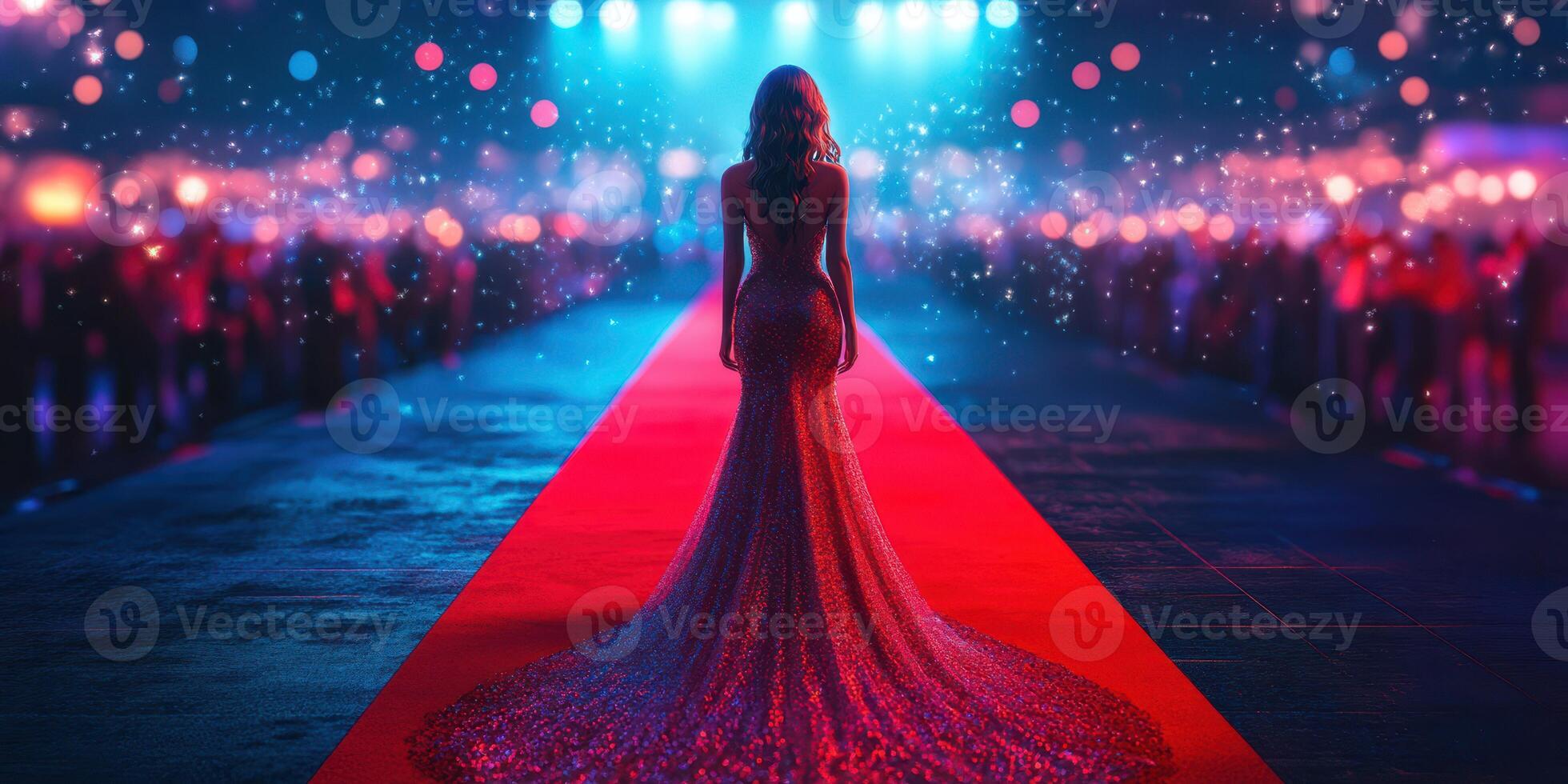 Glamorous fashion event in a vibrant outdoor setting at night with red carpet and bright lights photo