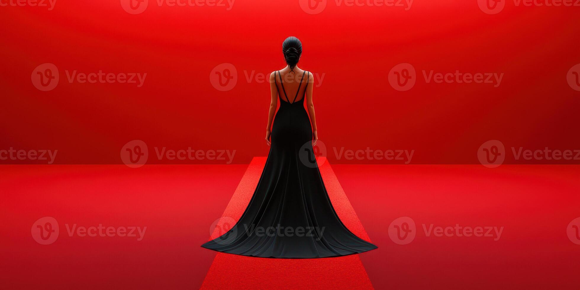 Elegant woman stands in a long black gown against a striking red backdrop, capturing a moment of high fashion and artistry photo