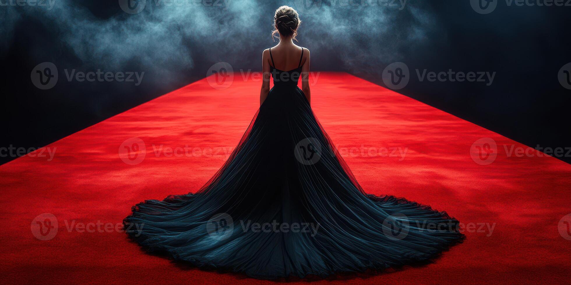 Elegant woman in a flowing black gown posing on a striking red carpet under dramatic lighting photo