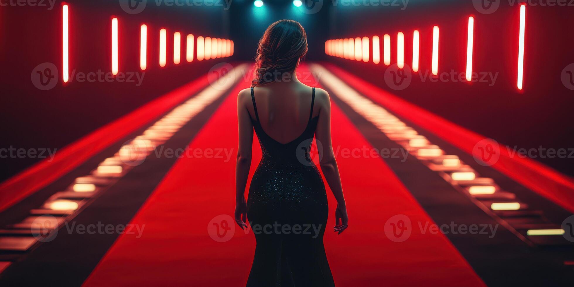 Elegant woman walks down red carpet in modern venue with striking lighting effect during evening event photo