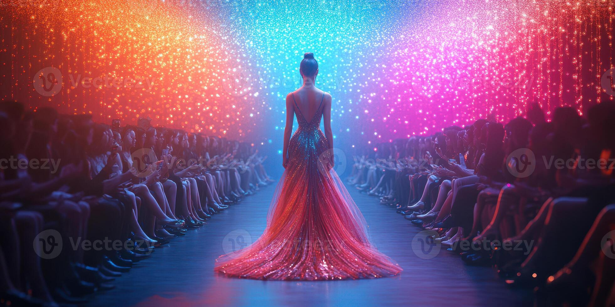 Dazzling fashion show showcases vibrant designs in dynamic lighting setting photo