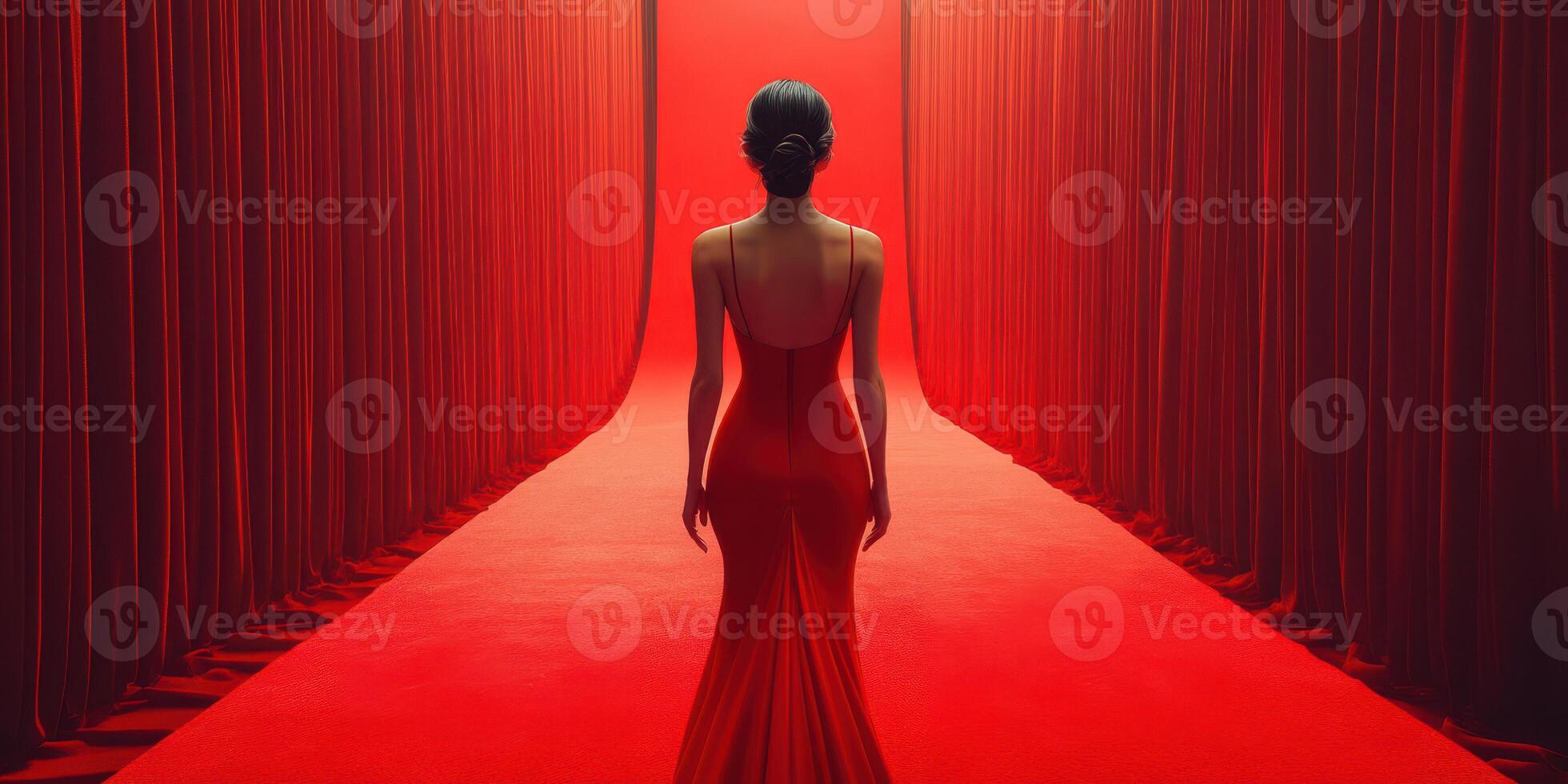 Elegant figure in a red dress walking through a dimly lit, red curtain corridor during an evening event photo