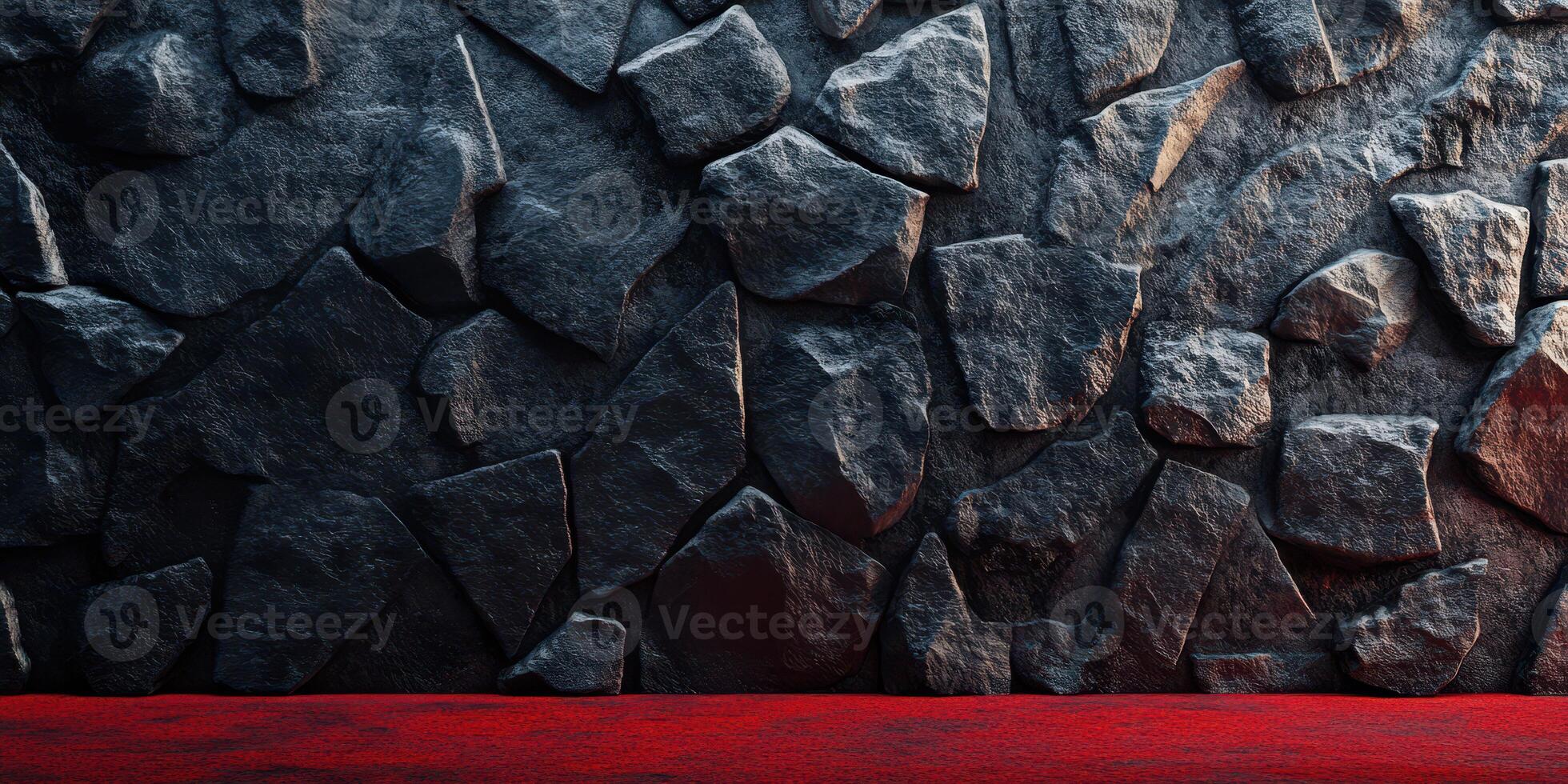 Textured stone wall with red floor provides a dramatic backdrop for creative projects in studio environment photo