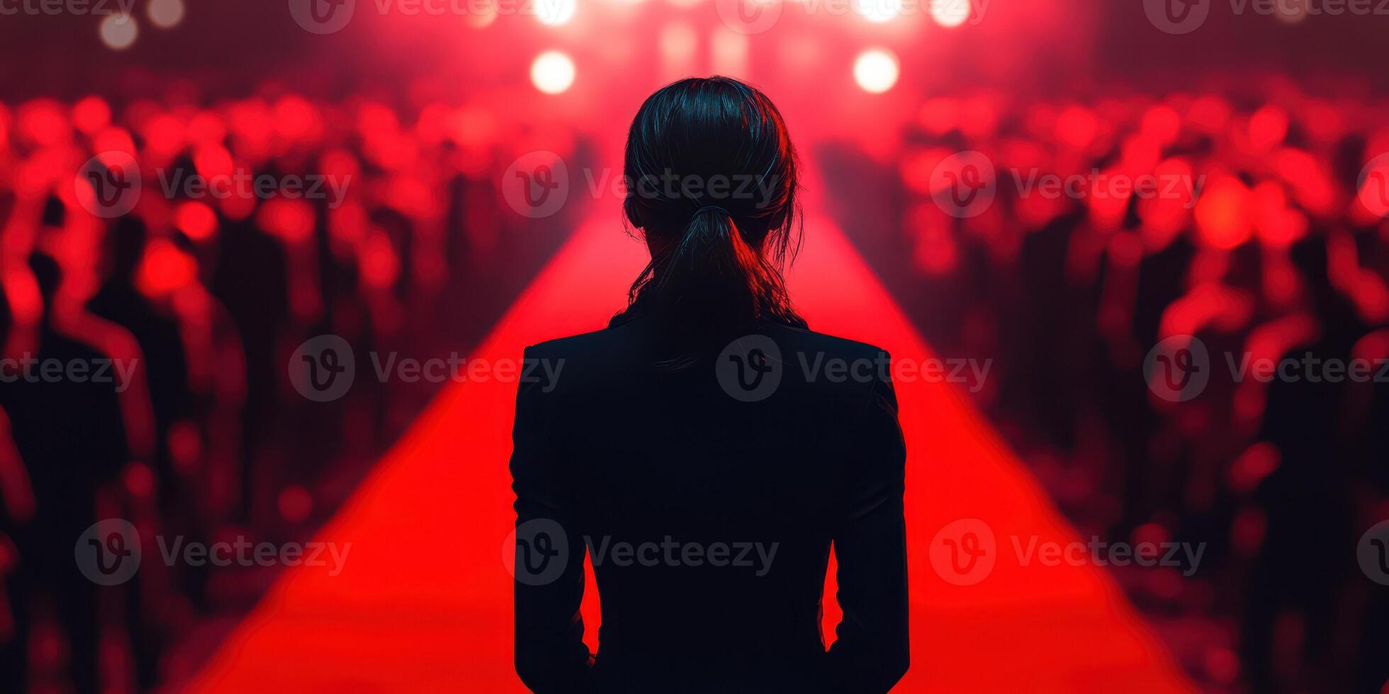 Crowd watches performer on red runway during dramatic event at night photo