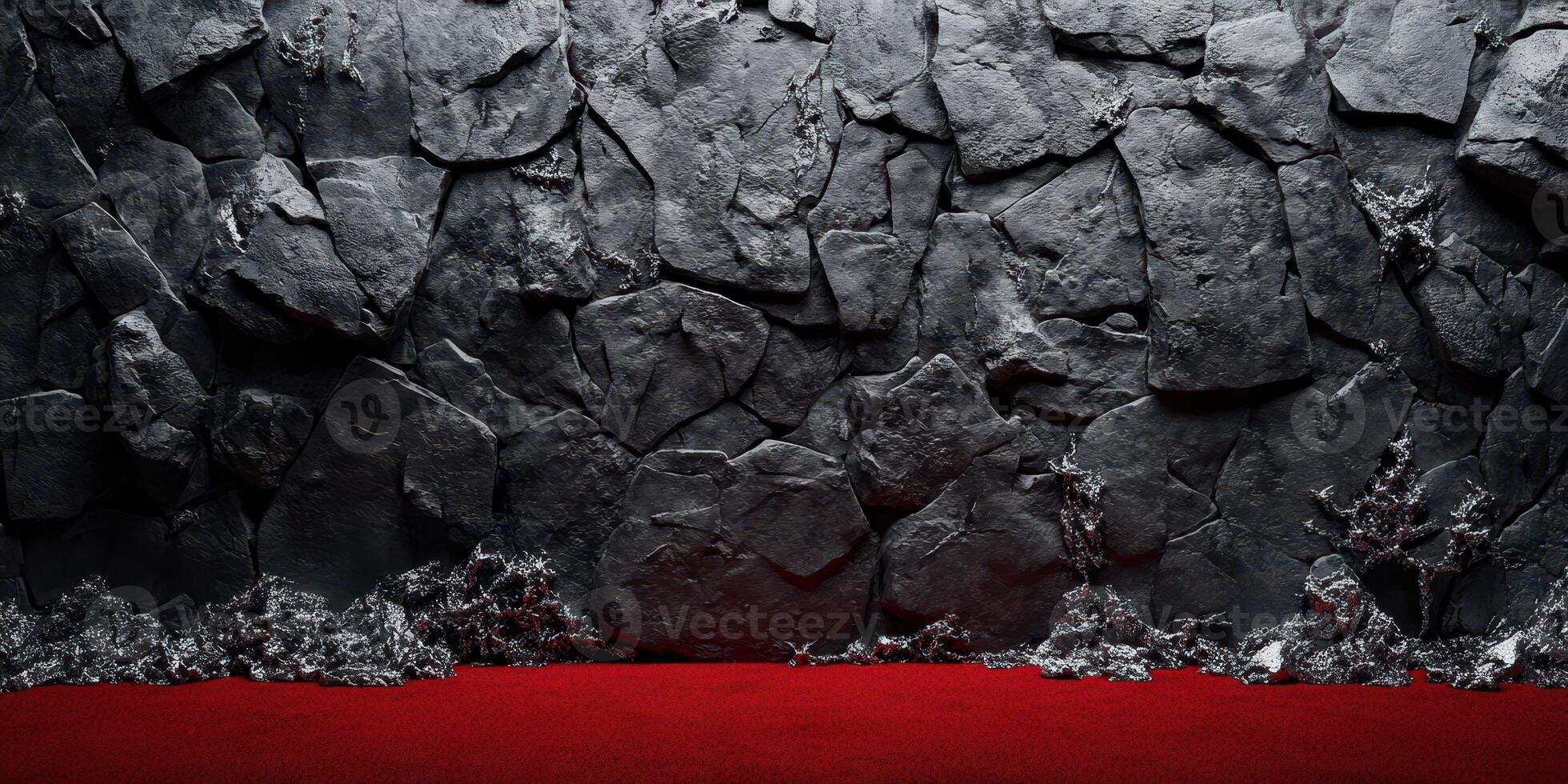 Textured black stone wall with red carpet backdrop for dramatic settings or creative displays photo