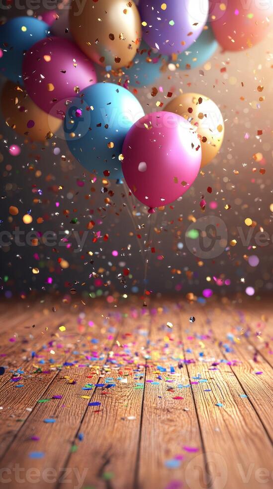 Colorful balloons and confetti create a festive atmosphere for a celebration on a wooden floor photo