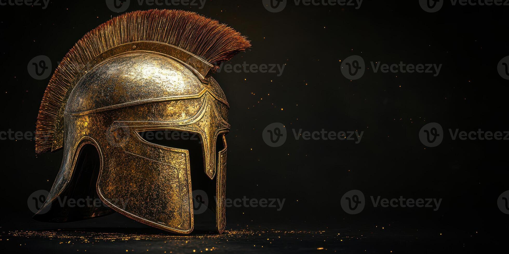 Ancient warrior helmet with gold finish displayed against a dark background highlighting its intricate details and historical significance photo