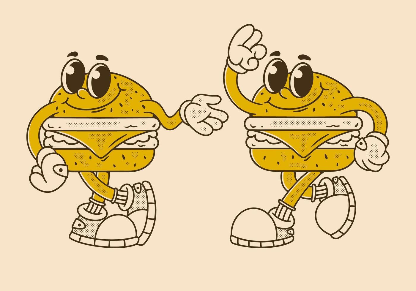 Happy burger mascot character with two pose, in retro colors vector