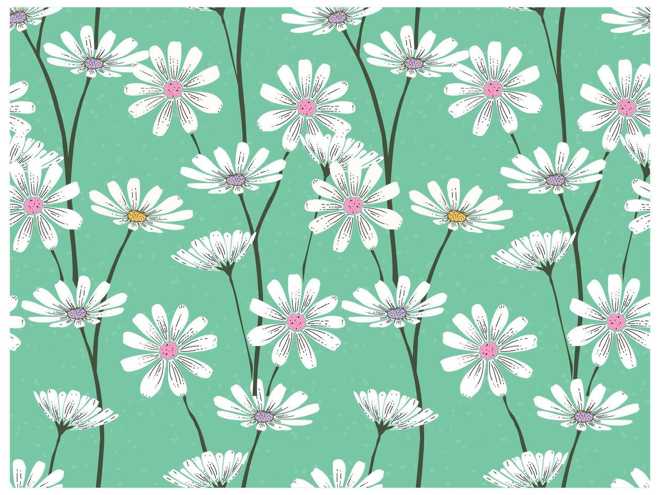 A teal background adorned with hand drawn white daisies featuring pink and purple centers, creating a cheerful floral pattern, It could be used as a wallpaper, fabric design, or other elements. vector