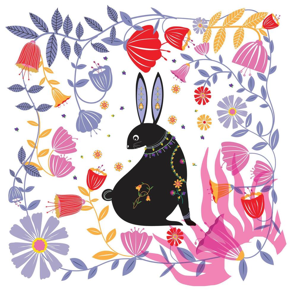 A whimsical black rabbit adorned with flowers, surrounded by vibrant, colorful blooms and leaves in a playful floral design, It could be used as a wallpaper, fabric design or other decorative elements vector