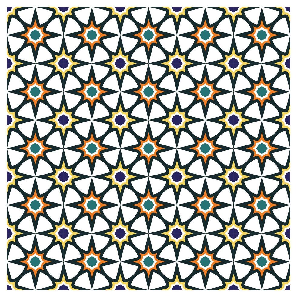 A vibrant geometric pattern of interlocking star shapes in orange, teal, purple, and black against a white background, It could be used as a wallpaper, fabric design, or other decorative elements vector