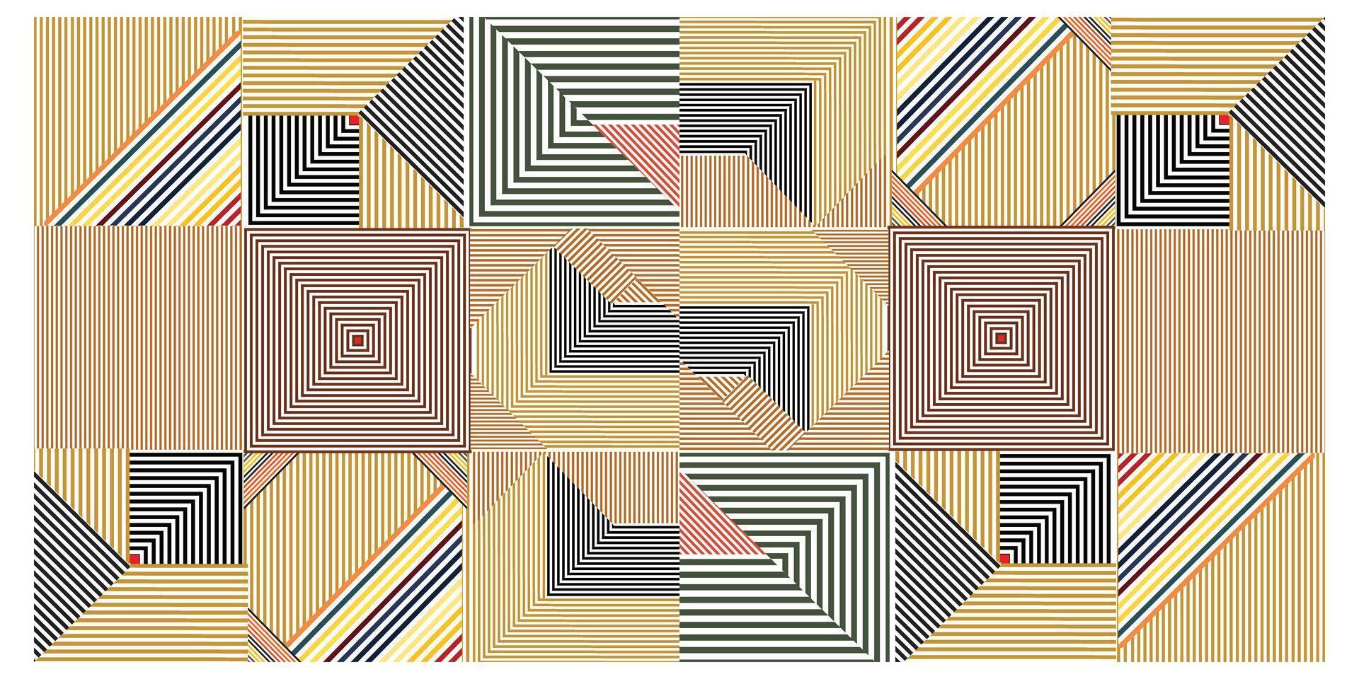 A geometric print pattern alternating colored stripes and squares, creating a dynamic visual rhythm and depth, It could be used as a wallpaper, tiles, carpet, rug, fabric design, vector