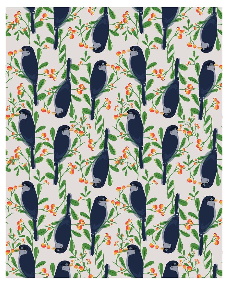A colorful pattern featuring dark blue birds perched among green leaves and clusters of orange berries on a light background, It could be used as a wallpaper, fabric design, or other bags and curtains vector