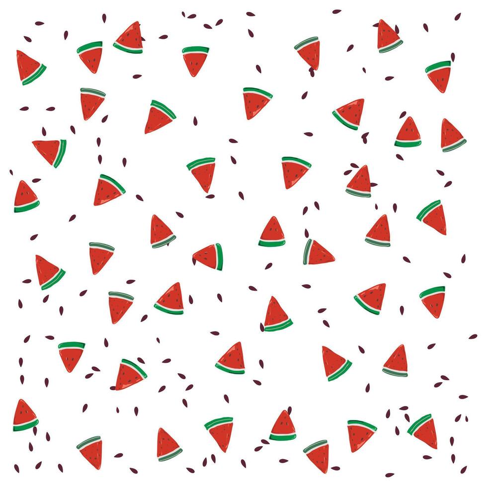 A playful pattern of watermelon slices and seeds scattered on a white background, creating a fresh and summery vibe. vector