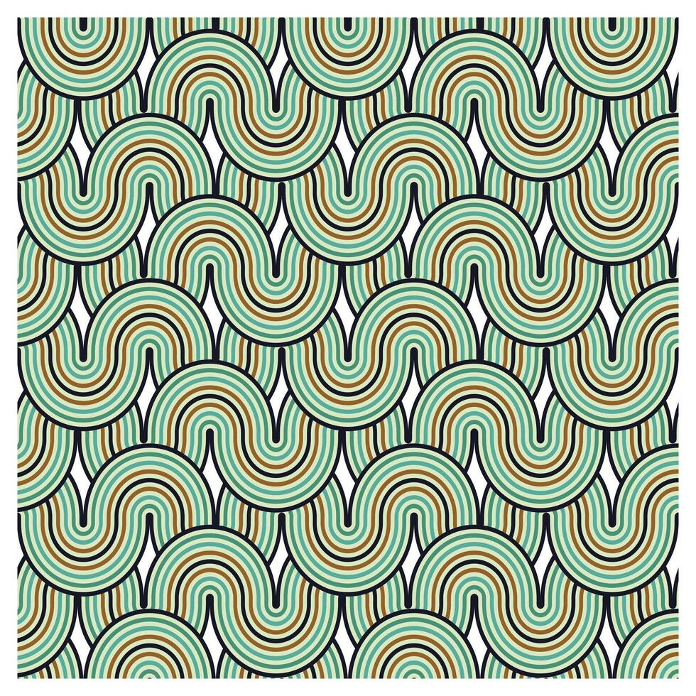 Abstract pattern featuring curved lines in shades of mint, red, and cream, framed by colorful concentric borders on a black background, It could be used as a wallpaper, fabric design or other elements vector