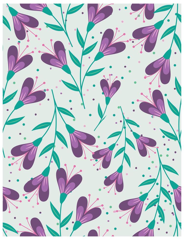 repeat pattern of purple flowers with pink accents and green leaves on a light background, dotted with small colorful specks, it could be used as a wallpaper, fabric design, pillow and curtains vector