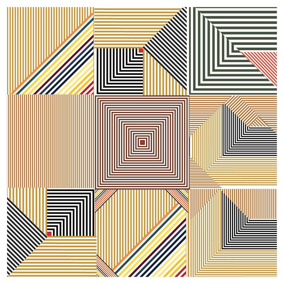 A vibrant geometric pattern featuring alternating colored stripes and squares, creating a dynamic visual rhythm and depth ,It could be used as a wallpaper, tiles, carpet, rug, fabric design vector