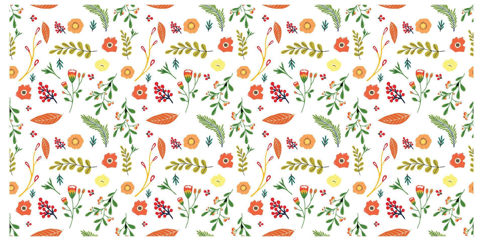 A colorful flower and leaf print placement in repeat pattern on orange and yellow, green and red berries on a white background, it could be used as a wallpaper, fabric design, pillow and curtains vector