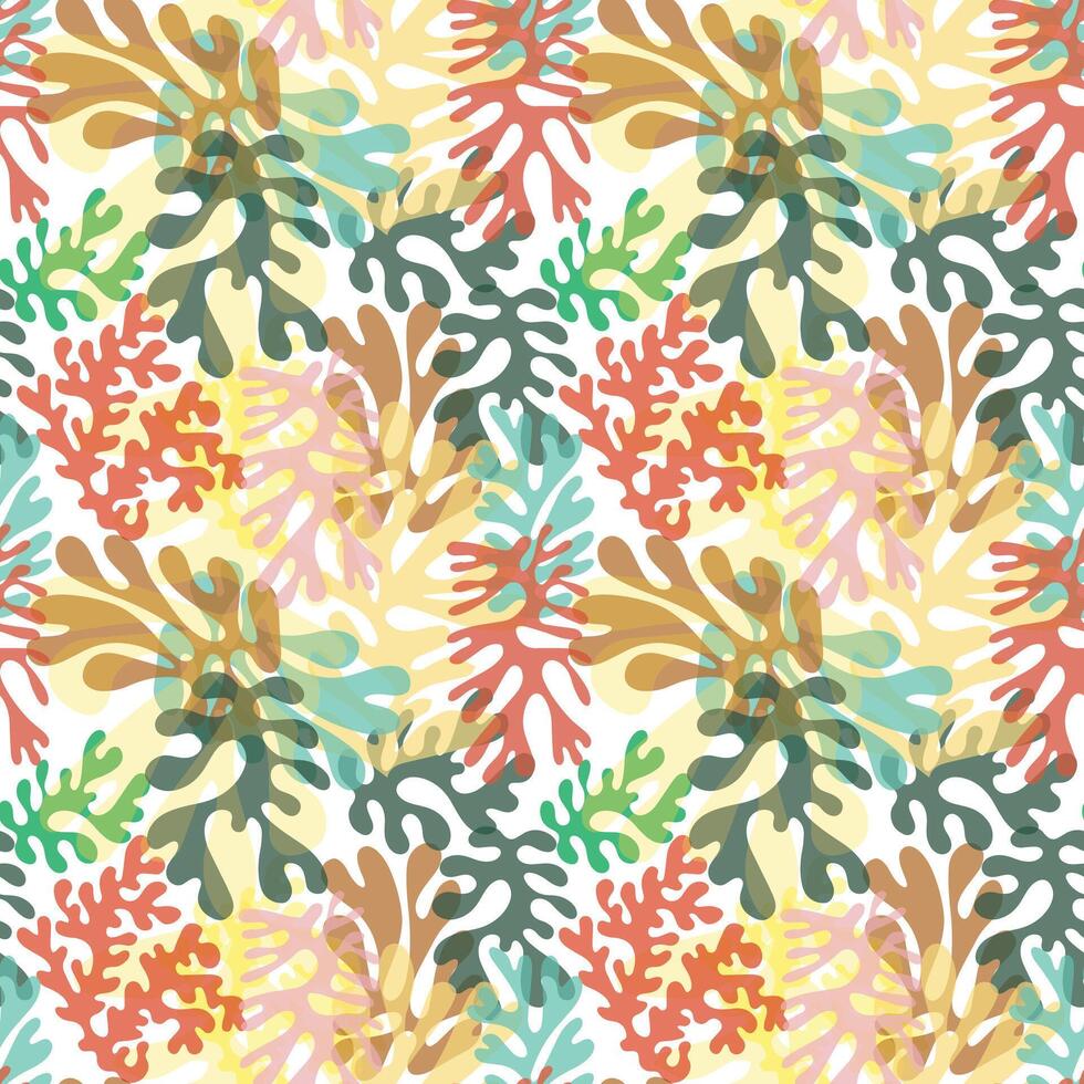 A vibrant scarf print pattern of colorful coral shapes framed by a bold, swirling black background with yellow and pink accents, it could be used as a wallpaper, fabric design, vector